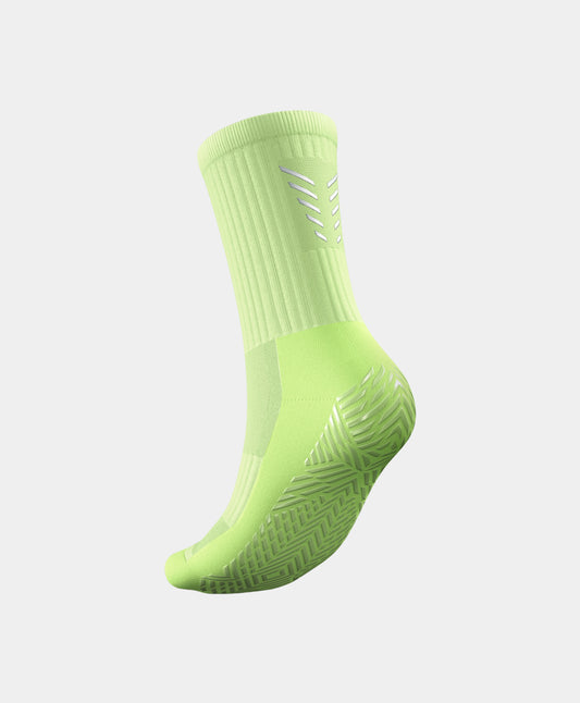 Reflective Mid-Calf Football Grip Socks presented in packaging, emphasising the product's premium construction.