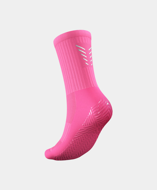 Reflective Mid-Calf Football Grip Socks with an athlete in action, illustrating design and functionality.